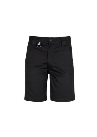 Plain black utility shorts featuring a front button and belt loop. Includes a logo on the waistband.