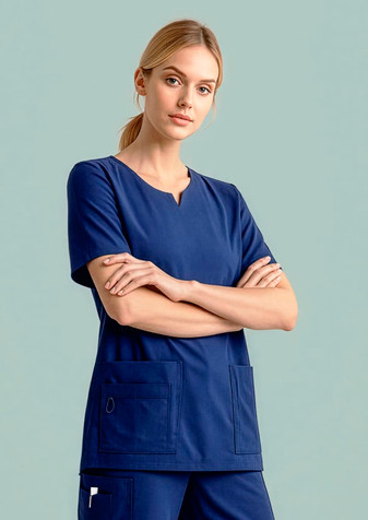 A navy women's scrub top featuring a round neck and two front pockets, styled with a model.