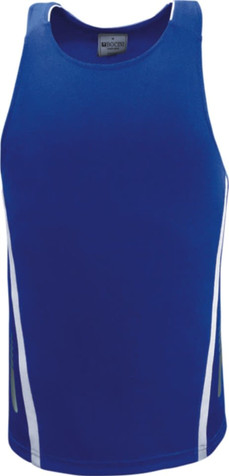 A blue unisex athletic singlet with white accents and a logo on the inside label.
