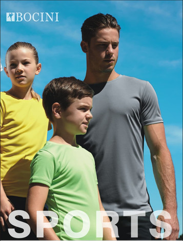 A grey men's T-shirt displayed with children in bright yellow and green shirts, set against a blue sky. It features a logo.