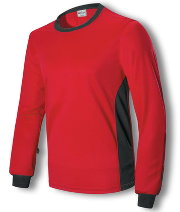 A long-sleeved kids' goal keeper jersey in red with black accents and a round neckline, featuring a logo.