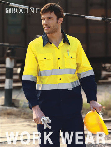 A bright yellow and navy blue long-sleeve work shirt with reflective tape, featuring pockets and a logo.