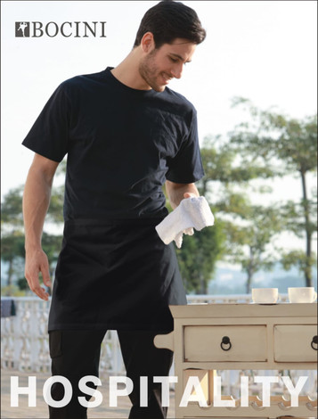 A black polyester drill quarter apron with a pocket, worn by a person outdoors. Features a logo.