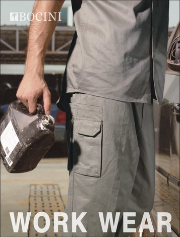 Unisex adults cotton drill cargo pants in grey, featuring multiple pockets and a logo, paired with a matching shirt.