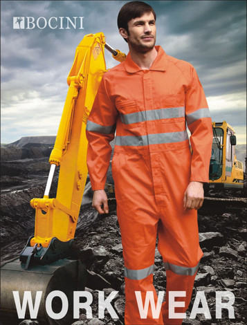Unisex adults' hi-vis orange cotton drill overall with reflective tape, featuring a worker in an industrial setting.