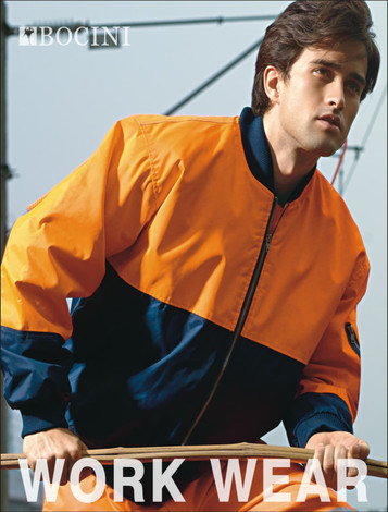 A hi-vis lined flying jacket in orange and navy, featuring a model outdoors with a logo in the corner.