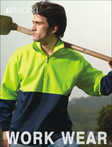 A bright yellow and navy unisex fleece jumper with a half zip, featuring a logo on the chest.