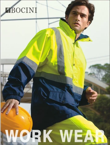 A reflective, unisex hi-vis jacket in bright yellow and navy, featuring mesh lining and reflective tape.
