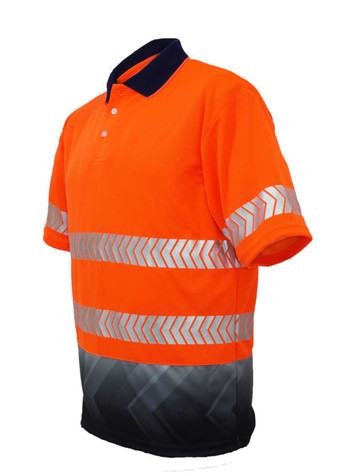A bright orange unisex polo shirt with reflective stripes and a navy collar, featuring a subtle design at the bottom.