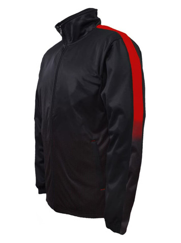 A unisex track jacket featuring a black body and red stripes, with a zip front and a logo on the chest.
