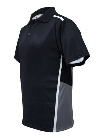 A black and grey unisex polo shirt with a logo and a sporty design, featuring short sleeves and a collar.