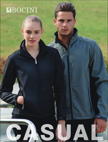 A black ladies' soft shell jacket worn by a woman, alongside a grey jacket worn by a man, both with a logo.