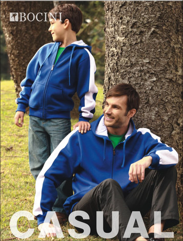 A blue unisex fleece zip-through hoodie with white contrast panels, featured on a model and a child outdoors.