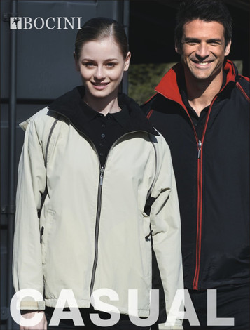 A unisex three-in-one jacket in light beige and black, displayed on a model and a man, with a logo visible.