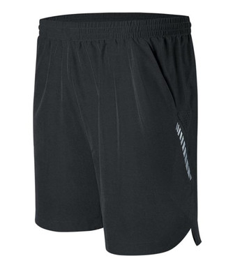 Men's running shorts in black with an elastic waistband and pockets, featuring a logo on the side.