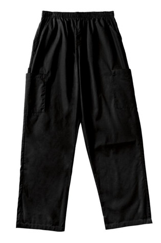 Black ladies' scrub pants with an elastic waistband and two side pockets. Features a logo on the waistband.