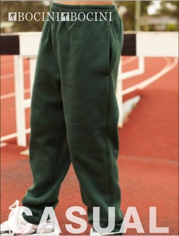A pair of unisex adults' elastic waist track pants in dark green, featuring a logo, displayed against a sports track background.
