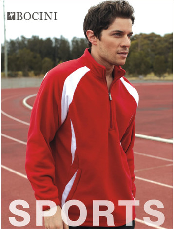 A red unisex half-zip sports pullover fleece with white accents, featuring a logo.