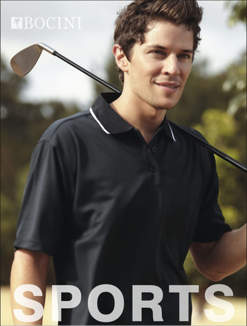 A man wearing a black unisex polo shirt holds a golf club, set against a lush outdoor background.