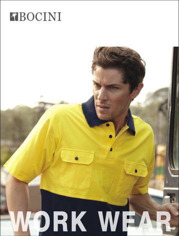 A yellow and navy blue unisex polo shirt with two front pockets, featuring a logo.
