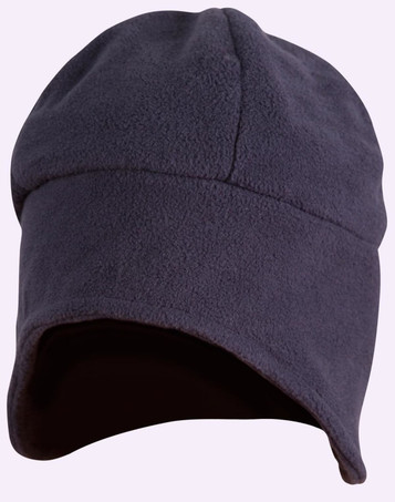 A grey polar beanie with ear covers, featuring a smooth texture and rounded top. It has a logo on the side.
