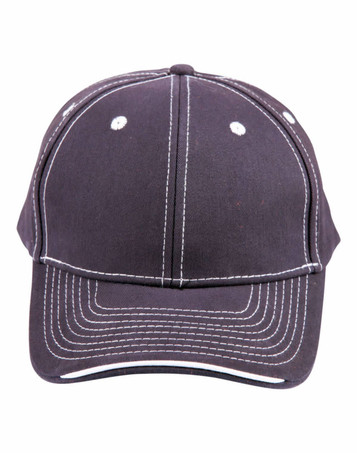 A dark grey cap with contrast stitching, featuring a curved brim and an adjustable strap. It has a logo.