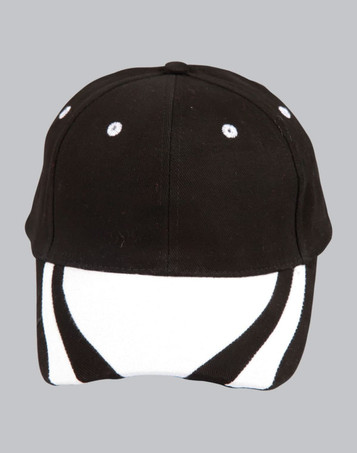 A black cap with a white peak and contrasting design, featuring ventilation holes and a logo.