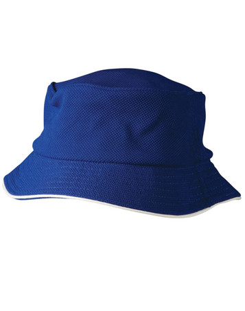 A blue pique mesh bucket hat with sandwich trim, featuring a logo. Ideal for sun protection and style.