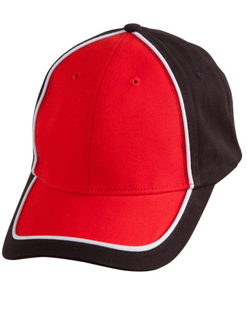 A two-tone cap featuring a vibrant red front and black sides, with white piping details and a logo.