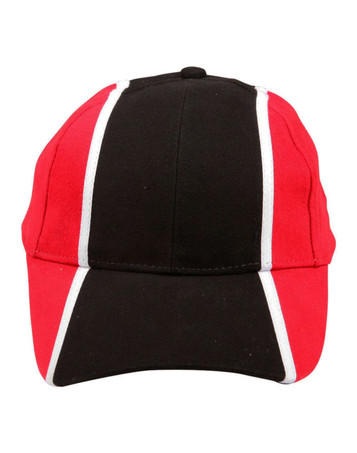 A tri-colour baseball cap featuring black, red, and white panels, with a logo on the front.