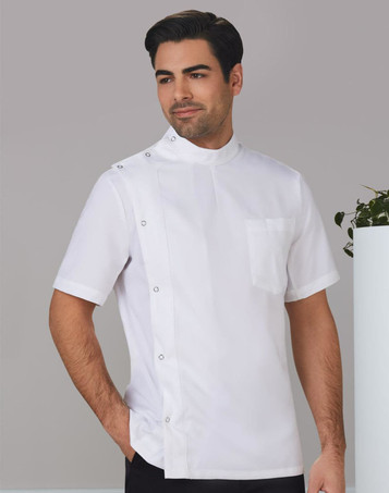 A short-sleeve white jacket with a snap front and a chest pocket, featuring a modern design for men.