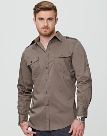 A khaki long sleeve military shirt with a button-up front, featuring shoulder epaulettes and chest pockets.