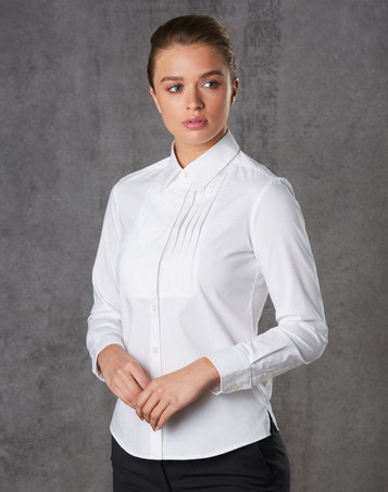 A white long sleeve button-up shirt with a tuck front design, featuring a branding logo.