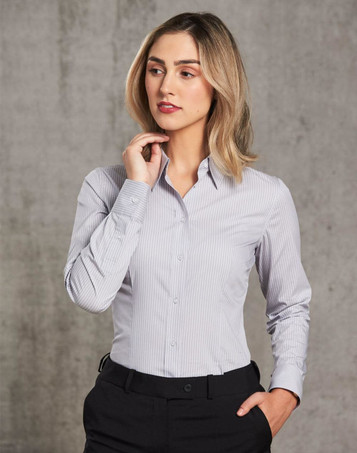 A long-sleeve women's button-up shirt in a grey and white ticking stripe pattern, featuring a collar and fitted design.