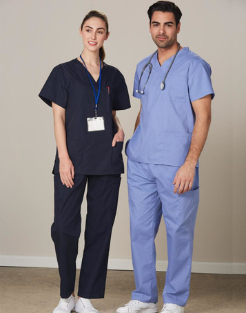 Unisex scrub pants in navy blue, worn by a male and female model, featuring a logo on the garment.