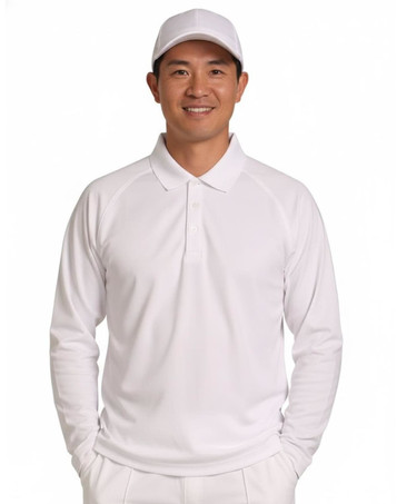 A long-sleeved white cricket polo shirt displayed on a smiling man wearing a matching white cap.