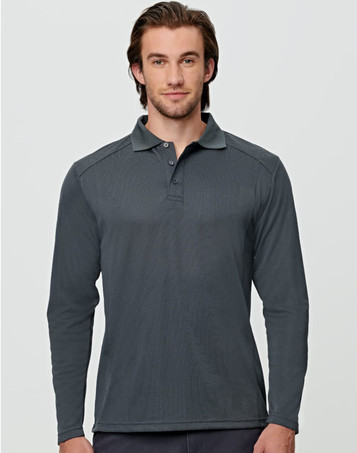A long-sleeve polo shirt in dark grey, featuring a collar and a logo on the chest.