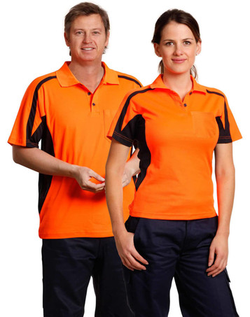 A men's and women's work polo shirt in bright orange with black detailing and a logo. Suitable for workwear.