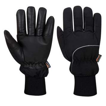 A pair of black gloves featuring a smooth exterior and elasticised cuffs for secure fit. Includes a brand logo.