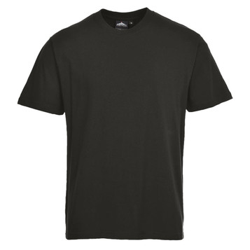 A black premium T-shirt with a round neckline and short sleeves, featuring a brand logo.