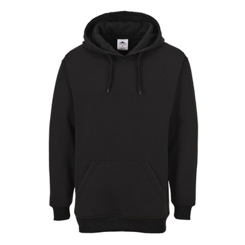 A black hoodie featuring a front pocket and a drawstring hood, with an interior tag and branding.