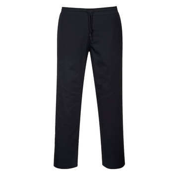 Black drawstring chef trousers with a relaxed fit and an integrated waistband. Features a simple design.