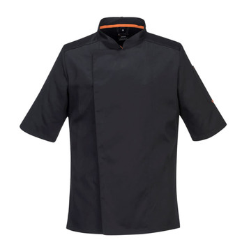 A black short-sleeved chef jacket with orange accents and a side logo.