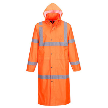 A high-visibility coat in bright orange with reflective strips and a hood, designed for safety wear.
