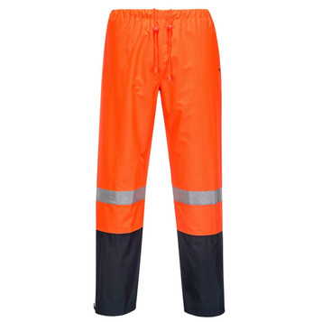 High-visibility orange pants with reflective stripes and a black bottom section, featuring an elasticated waistband.