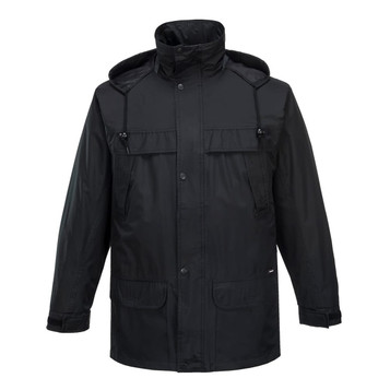 A black classic jacket featuring a hood, multiple pockets, and a front button closure. It includes a logo on the fabric.