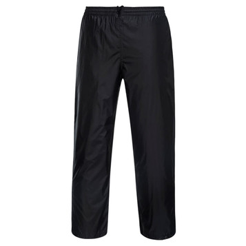 Packable pants in black with an elastic waistband and a logo. Lightweight design suitable for various activities.