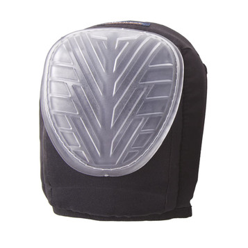 A gel-filled kneepad with a black fabric exterior and a clear protective overlay featuring a tread pattern.