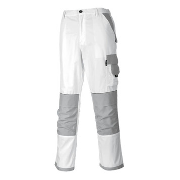 A pair of white trousers with grey accents, featuring multiple pockets and a relaxed fit.