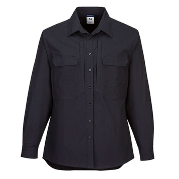 A black long-sleeve utility work shirt with two chest pockets and a button-up front. It features a logo on the label.